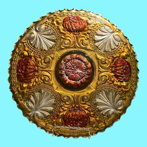 Antique EAPG Goofus Glass 11" Plate Gold Red Flowers Silver Acanthus Leaves - Picture 2 of 6